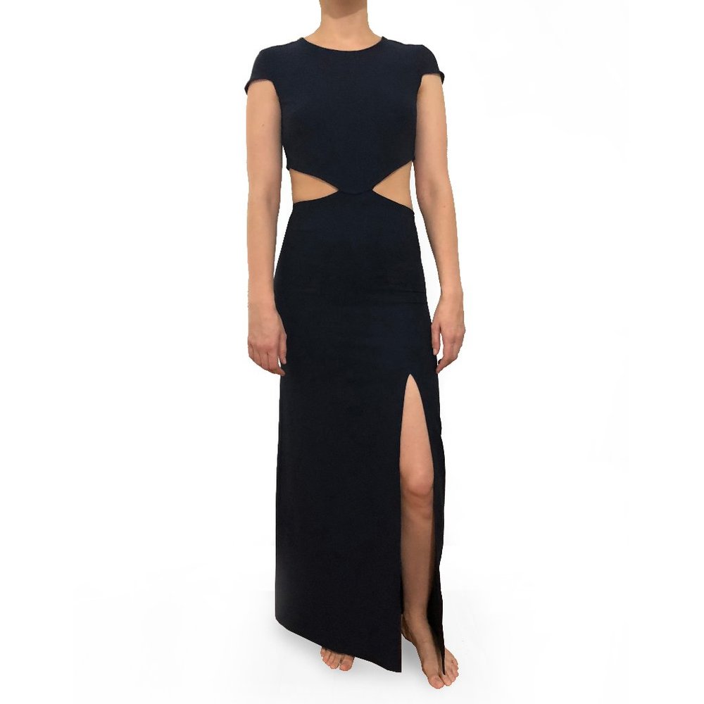 Navy maxi dress with thigh slit and waist cutouts